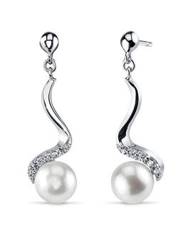 Sterling Silver Freshwater Cultured White Pearl Pendant Necklace and Earrings, Spiral Drop Design