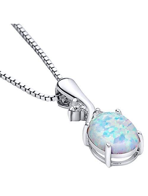 Peora Created White Fire Opal Wave Pendant Necklace for Women 925 Sterling Silver, 2.50 Carats Oval Shape 10x8mm with 18 inch Chain