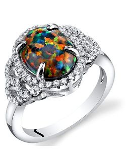 Created Black Fire Opal Large Vintage Style Ring for Women 925 Sterling Silver, 1.25 Carats Oval Shape 10x8mm, Sizes 5 to 9