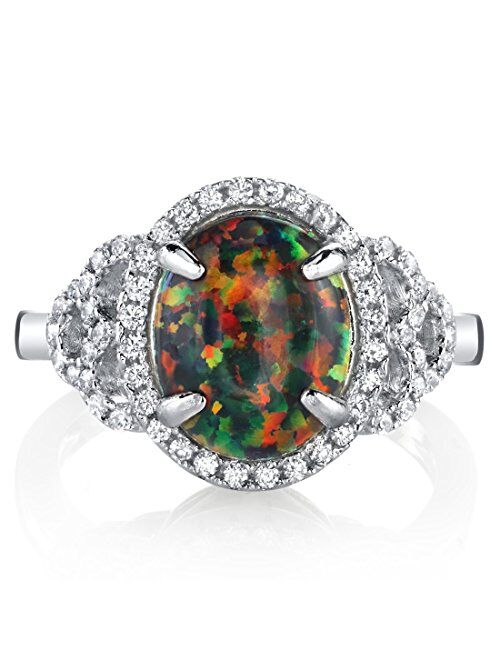 Peora Created Black Fire Opal Large Vintage Style Ring for Women 925 Sterling Silver, 1.25 Carats Oval Shape 10x8mm, Sizes 5 to 9