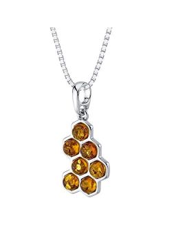 Genuine Baltic Amber Honeycomb Pendant Necklace for Women 925 Sterling Silver, Rich Cognac Color, with 18 inch Chain