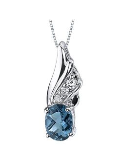 London Blue Topaz Pendant Necklace in Sterling Silver, Angel Wing Solitaire, Oval Shape, 8x6mm, 1.50 Carats, with 18 inch Chain
