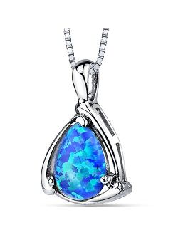 Created Blue Fire Opal Teardrop Pendant Necklace for Women 925 Sterling Silver, 1 Carat Pear Shape 10x7mm, with 18 inch Chain