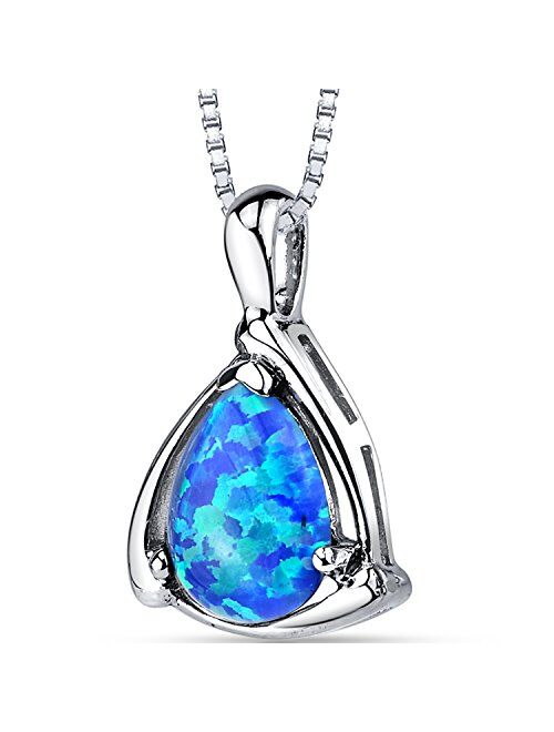 Peora Created Blue Fire Opal Teardrop Pendant Necklace for Women 925 Sterling Silver, 1 Carat Pear Shape 10x7mm, with 18 inch Chain