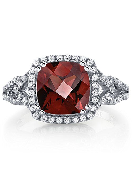 Peora Garnet Enchanting Halo Solitaire Ring for Women 925 Sterling Silver, Natural Gemstone Birthstone, 2.50 Carats Cushion Cut 8mm, Sizes 5 to 9
