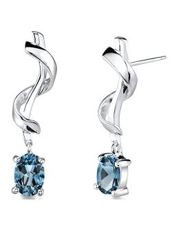 London Blue Topaz Dangle Earrings for Women 925 Sterling Silver, Twist Design, 2 Carats Total Oval Shape 7x5mm, Friction Backs