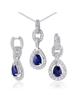 6 Carats total Created Blue Sapphire Teardrop Earrings Pendant Necklace Set for Women 925 Sterling Silver, Pear Shape with 18 inch Italian Chain