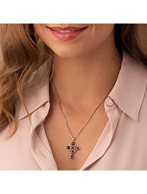 Peora Garnet Vintage Cross Pendant Necklace for Women 925 Sterling Silver, Natural Gemstones, 3 Carats total, with 18 inch Italian Silver Chain