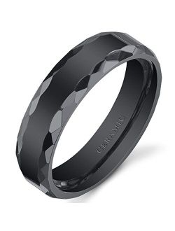 Classic Black Ceramic Wedding Ring Band for Men and Women, Designer Faceted Edge, 6mm Comfort Fit, Sizes 5 to 13