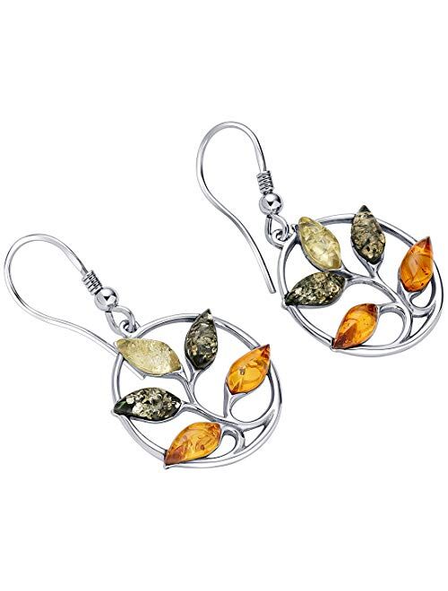 Peora Genuine Baltic Amber Tree of Life Pendant Necklace or Earrings 925 Sterling Silver, Rich Cognac, Olive Green, Honey Yellow Colors
