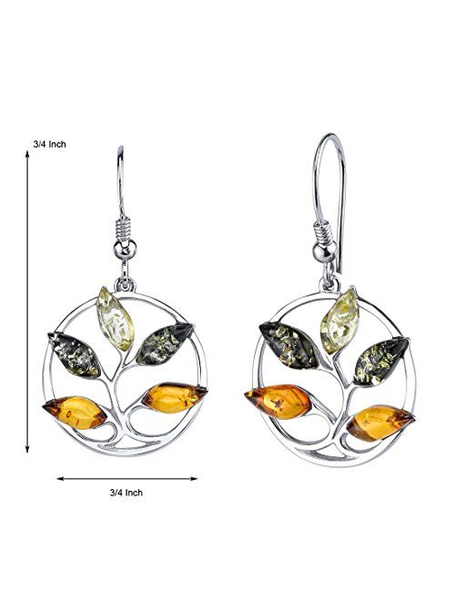 Peora Genuine Baltic Amber Tree of Life Pendant Necklace or Earrings 925 Sterling Silver, Rich Cognac, Olive Green, Honey Yellow Colors