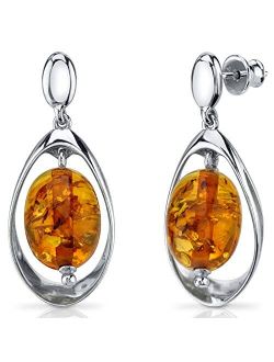 Genuine Baltic Amber Pendant Necklace and Earrings in Sterling Silver, Floating Oval Shape, Rich Cognac Color