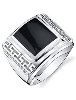 Men's Genuine Black Onyx Greek Key Chunky Signet Ring 925 Sterling Silver, Large 13x10mm Rectangular Shape, Sizes 8 to 13