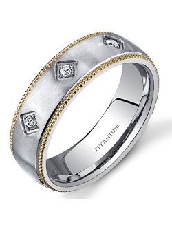 Designer 3-Stone Titanium Wedding Ring Band for Men, 8mm Yellow Gold-Tone Milgrain Edge, Comfort Fit, Sizes 8 to 13