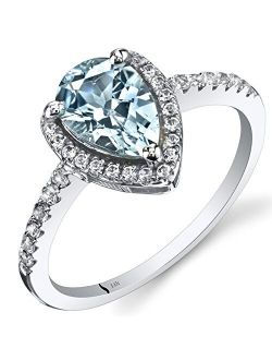 Aquamarine Teardrop Halo Ring for Women 14K White Gold with White Topaz, Natural Gemstone Birthstone, 1 Carat Pear Shape 9x6mm, Sizes 5 to 9