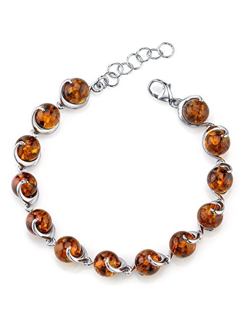 Peora Genuine Baltic Amber Spiral Tennis Bracelet for Women 925 Sterling Silver, Rich Cognac Color, 9.5mm Round Sphere Shape, 7.50 inches length