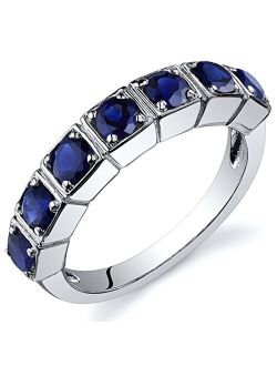 Created Sapphire Ring Sterling Silver Rhodium Nickel Finish 7 Stone Band Sizes 5 to 9