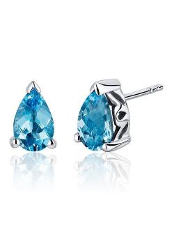 Swiss Blue Topaz Stud Earrings 925 Sterling Silver, Solitaire Scroll Gallery, Natural Gemstone Birthstone, 2 Carats Total Pear Shape 8x5mm, Friction Backs