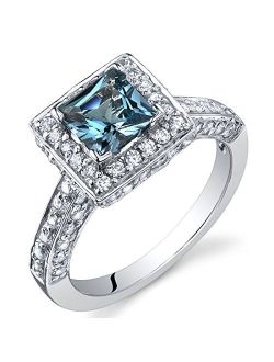 London Blue Topaz Princess Cut Ring in Sterling Silver, Natural Gemstone, Vintage Halo Solitaire Design, 1.00 Carat total, Comfort Fit, Sizes 5 to 9