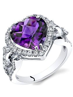 Amethyst Large Heart Halo Ring for Women 14K White Gold with White Topaz, Genuine Gemstone, 3 Carats 10mm, Sizes 5 to 9