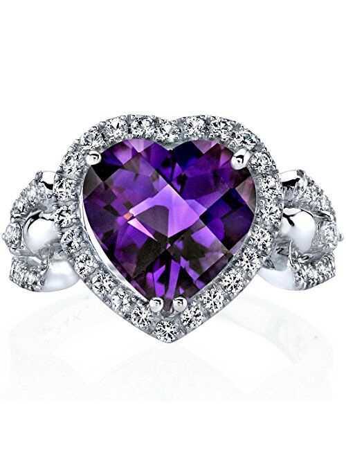 Peora Amethyst Large Heart Halo Ring for Women 14K White Gold with White Topaz, Genuine Gemstone, 3 Carats 10mm, Sizes 5 to 9
