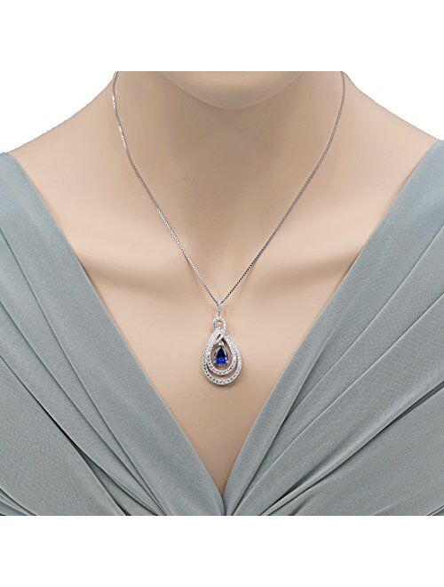 Peora 925 Sterling Silver Teardrop Glamour Halo Pendant Necklace for Women in Various Gemstones, Pear Shape 10x7mm, with 18 inch Italian Chain