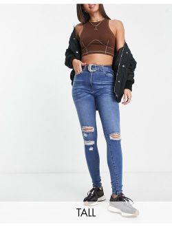 Parisian Tall belted skinny jeans in mid blue