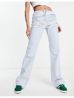 x008 distressed waistband Y2K flare jeans in light blue
