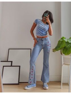 Labelrail x Pose and Repeat mid rise 90s flared jeans with butterfly appliques in blue