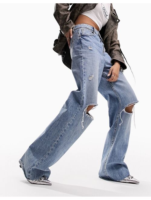 ASOS DESIGN dad jeans in mid blue with rips