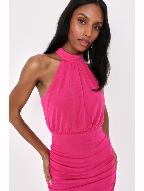 Lulus Irresistible Presence Hot Pink Halter Ruched Bodycon Midi Dress