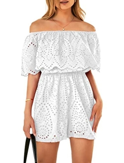 Women's Embroidery Rompers Dressy 2023 Summer Casual Off Shoulder Ruffle Shorts Jumpsuits