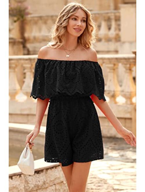 PRETTYGARDEN Women's Embroidery Rompers Dressy 2023 Summer Casual Off Shoulder Ruffle Shorts Jumpsuits