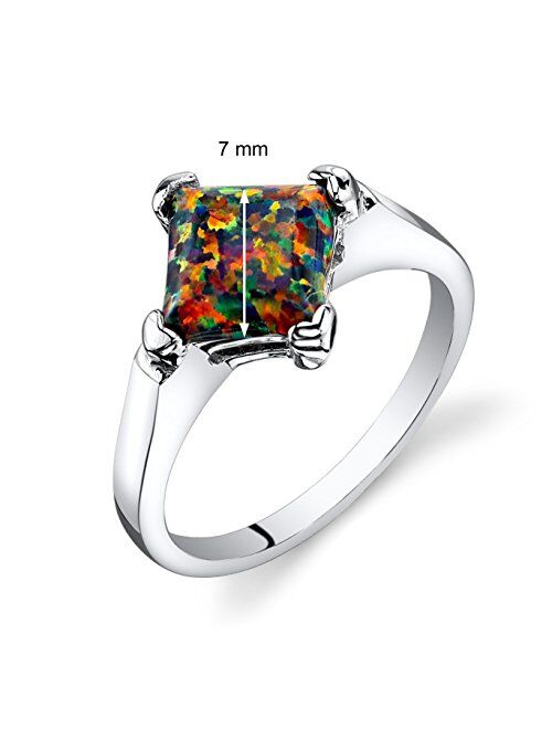Peora Created Black Fire Opal Classic Solitaire Ring for Women 925 Sterling Silver, 1 Carat Princess Cut 7mm, Sizes 5 to 9