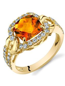Citrine Elegant Halo Ring for Women 14K Yellow Gold with White Topaz, Genuine Gemstone Birthstone, 2 Carats Cushion Cut 8mm, Sizes 5 to 9