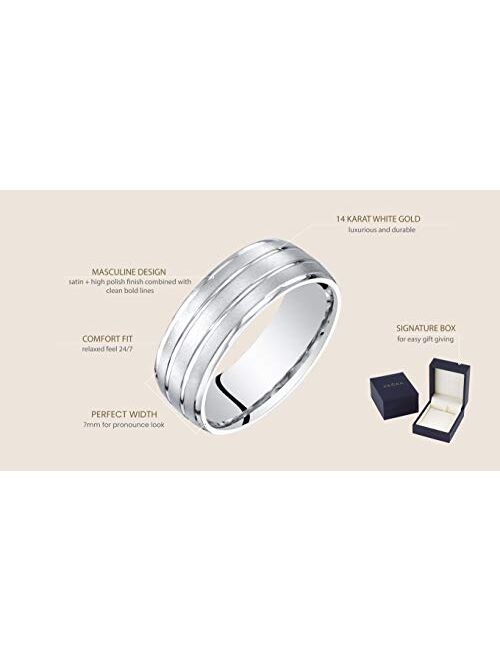 Peora Men's 14K White Gold Wedding Ring Band 7mm Satin Finish Comfort Fit Sizes 8 to 14