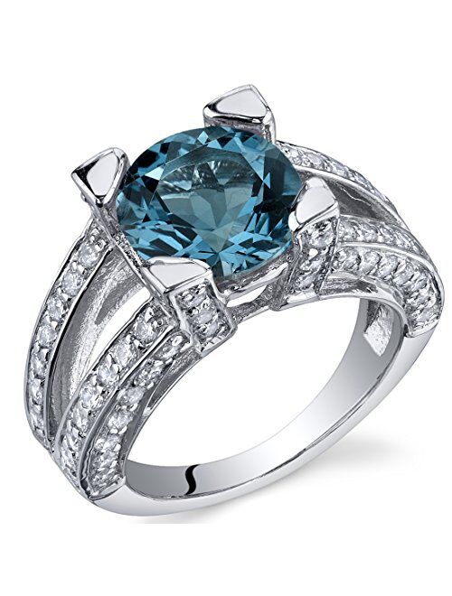 Peora London Blue Topaz Ring in Sterling Silver, Natural Gemstone, Vintage Antique Design, Round Shape, 9mm, 3.25 Carats total, Comfort Fit, Sizes 5 to 9