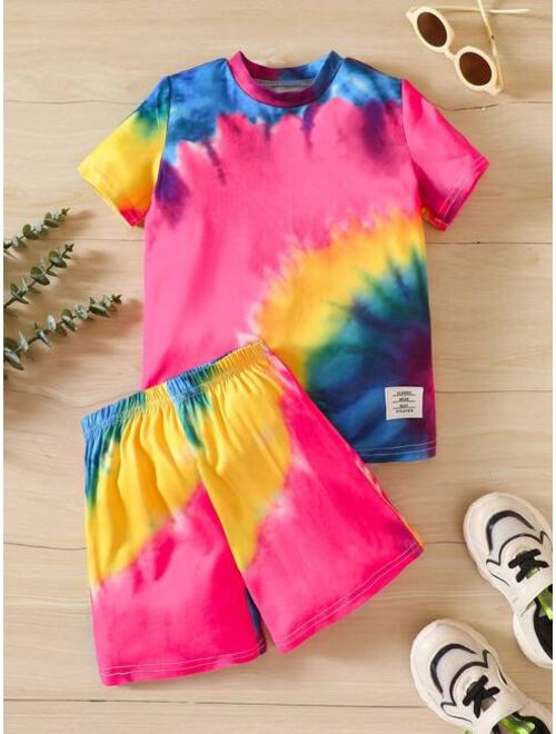 Shein Toddler Boys Tie Dye Letter Patched Detail Tee & Shorts