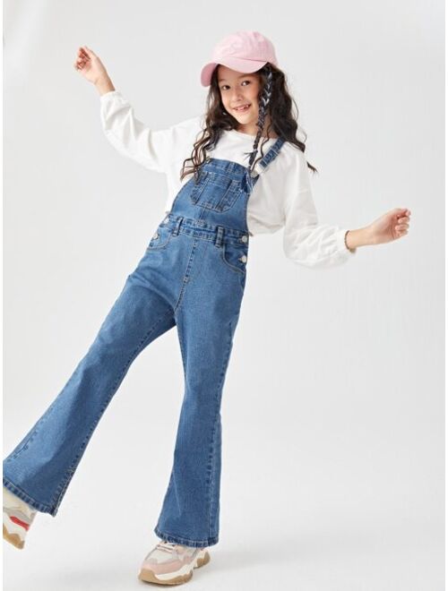 Shein Girls 1pc Pocket Front Denim Flare Leg Overalls Without Pullover