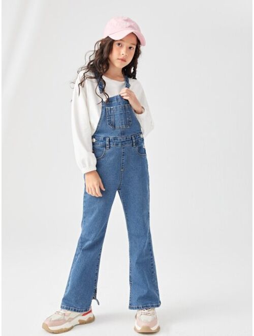 Shein Girls 1pc Pocket Front Denim Flare Leg Overalls Without Pullover
