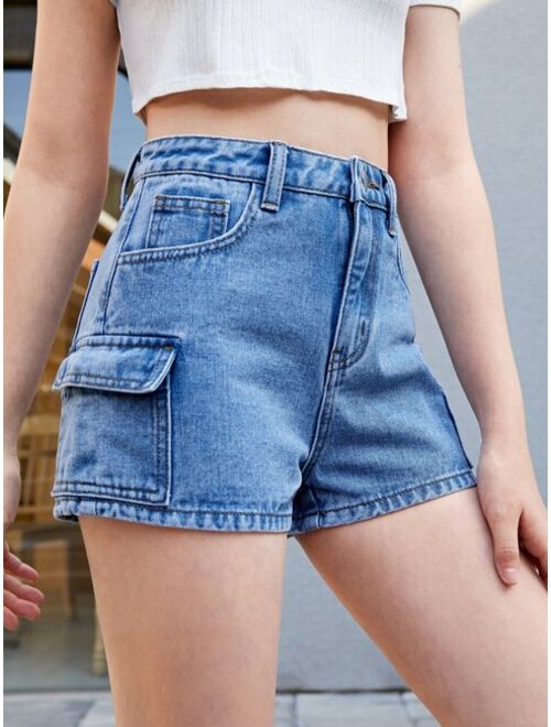 SHEIN Teen Girls Flap Pocket Denim Shorts