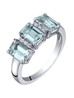 Aquamarine and Diamond Three Stone Ring for Women 14k White Gold, Genuine Gemstone Birthstone, 1.50 Carats total Emerald Cut 6x4mm, Sizes 5 to 9