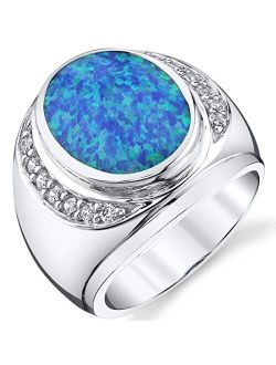 Men's Created Blue Fire Opal Godfather Signet Ring 925 Sterling Silver, Large 15x12mm Oval Shape, Sizes 8 to 13