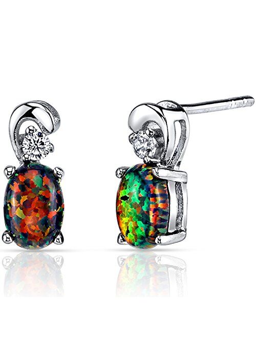 Peora Created Black Fire Opal Earrings Studs 925 Sterling Silver, Dainty Solitaire, Oval Shape, 7x5mm, 1 Carat total, Friction Backs