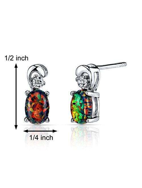 Peora Created Black Fire Opal Earrings Studs 925 Sterling Silver, Dainty Solitaire, Oval Shape, 7x5mm, 1 Carat total, Friction Backs
