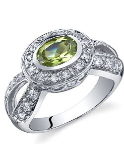 Peridot Ring for Women in Sterling Silver, Vintage Halo Design, Oval Shape, 7x5mm, 0.75 Carat total, Comfort Fit, Sizes 5 to 9