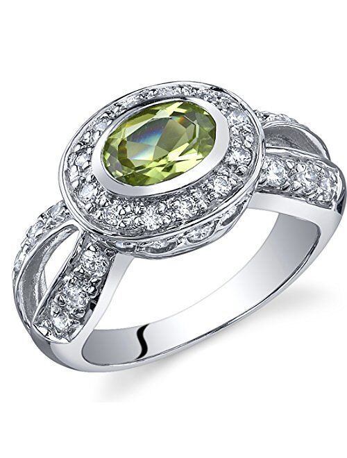 Peora Peridot Ring for Women in Sterling Silver, Vintage Halo Design, Oval Shape, 7x5mm, 0.75 Carat total, Comfort Fit, Sizes 5 to 9
