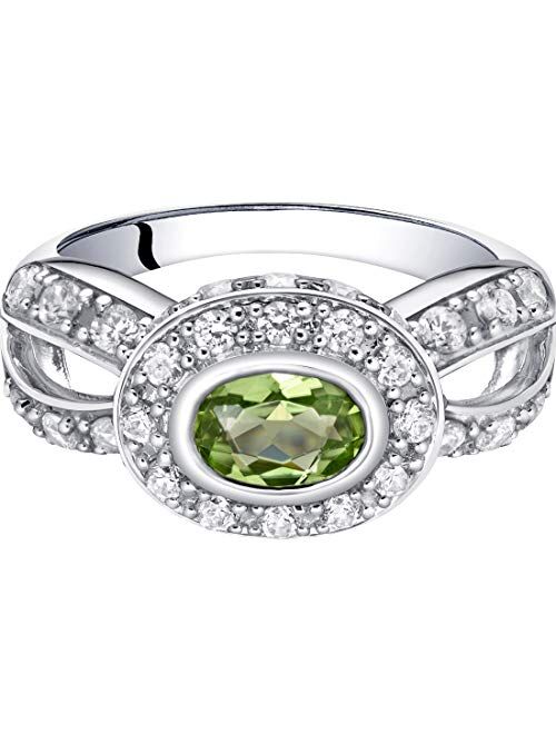 Peora Peridot Ring for Women in Sterling Silver, Vintage Halo Design, Oval Shape, 7x5mm, 0.75 Carat total, Comfort Fit, Sizes 5 to 9