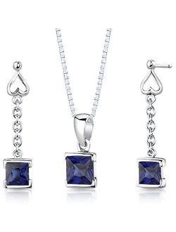 Created Blue Sapphire Drop Earrings and Pendant Necklace Jewelry Set for Women in Sterling Silver, Dainty Heart Accent, 2.75 Carats total Princess Cut, with 18 inch