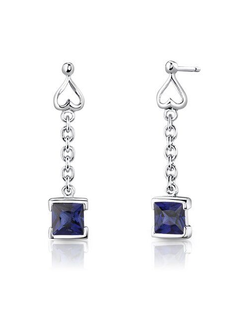 Peora Created Blue Sapphire Drop Earrings and Pendant Necklace Jewelry Set for Women in Sterling Silver, Dainty Heart Accent, 2.75 Carats total Princess Cut, with 18 inch